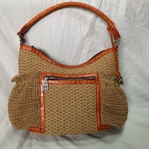 Woven Straw and Orange Patent Leather Brighton Bag